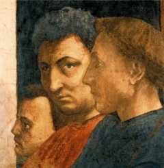 Фрагмент фрески «Св. Петр на кафедре» из капеллы Бранкаччи. В центре - автопортрет Мазаччо.